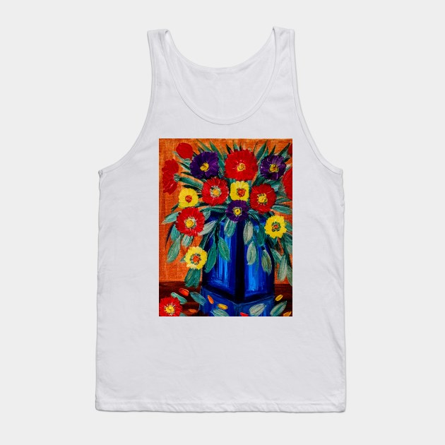 A lovely boutique of abstract bright abd vibrant l flowers in a tall glass  blue vase . Tank Top by kkartwork